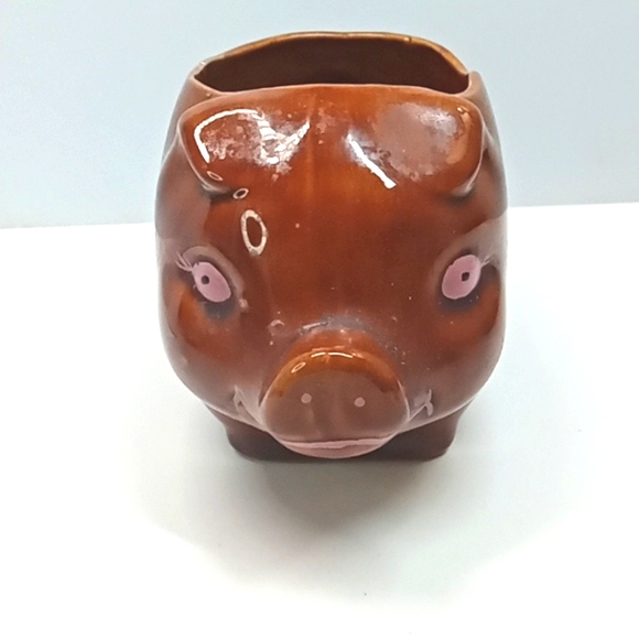 Vintage brown & pink, hand painted ceramic pig planter. - Picture 4 of 9